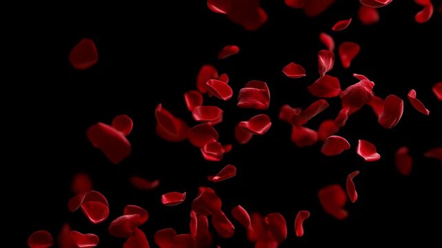 Rose Petals Falling in Slow Motion on Black Background Romantic Red Flower Animation Ideal for Wedding Videos Valentine Day Greetings Love Themed Overlays and Celebration Backdrops