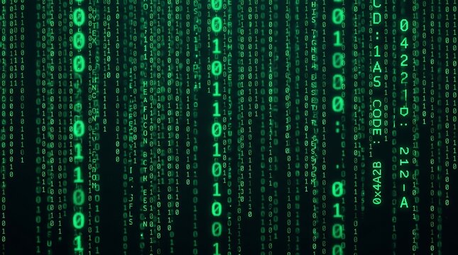 Matrix style green binary code rain flowing on dark computer screen. Digital cyberspace with particles and programming code backdrop concept.