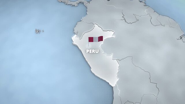 A 3D map animation highlighting Peru, South America, featuring an extruded country border, a waving national flag, and clean typography, ideal for a documentary presentation background.

