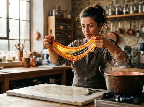 Artisan Confectioner Pulling Caramel in a Rustic Kitchen