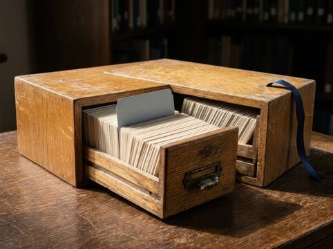 Vintage card catalog drawer for library archive organization