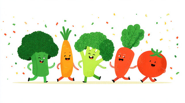 Happy vegetable friends in colorful healthy food illustration