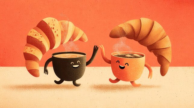 Coffee cups and croissants celebrating breakfast together