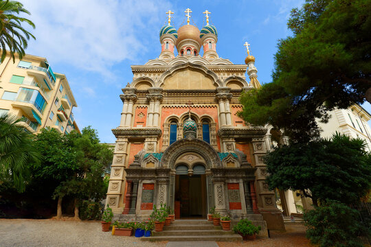 Russian Orthodox Church, Sanremo ,wide view with trees, Italy.