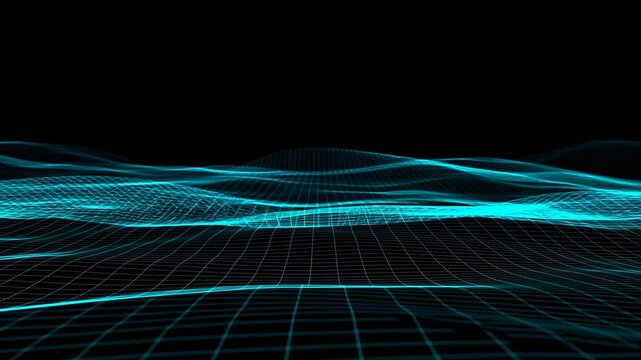 Glowing turquoise wireframe waves rising over dark grid landscape with bright cyan horizon, layered mesh ridges, deep perspective, sleek futuristic technology mood