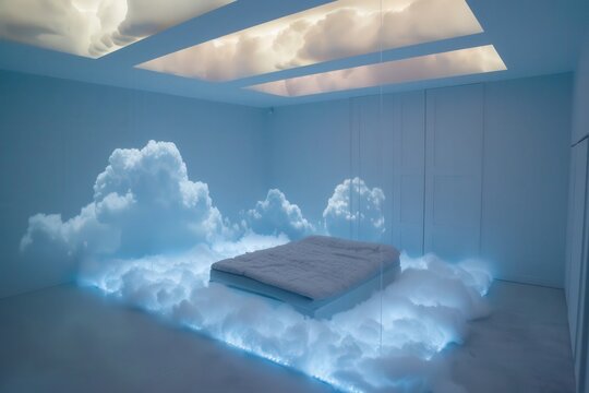 interior design of cloud bedroom with low bed floating among blue clouds beneath luminous ceiling panels, photorealistic
