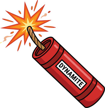 Red dynamite stick with burning spark fuse lit explosive vector illustration isolated white background