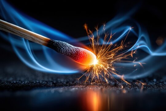 Burning Matchstick with Sparks and Smoke on Dark Background