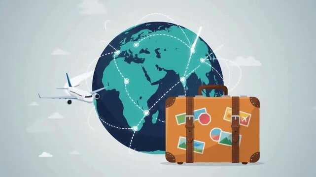 Animated globe with flying airplanes, map pins, and a travel suitcase