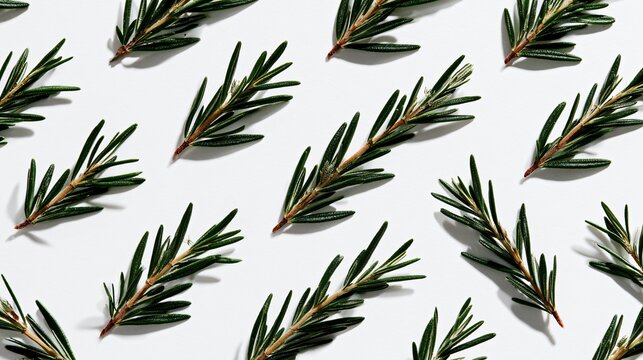 A geometric editorial composition featuring rosemary plant arranged into perfectly balanced botanical grid patterns emphasizing premium culinary styling