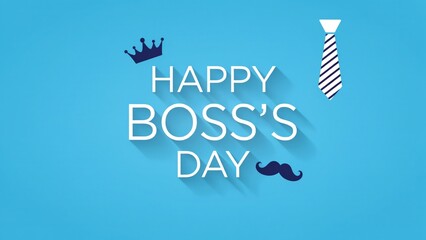 Fototapeta premium Happy Boss's Day greeting card, professional blue background with crown and tie icons, corporate celebration banner