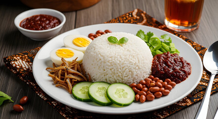 Obraz premium Nasi Lemak Delight: A perfectly plated serving of traditional Nasi Lemak, featuring fragrant coconut rice, spicy sambal, crispy anchovies, peanuts, boiled egg, and refreshing cucumber slices.