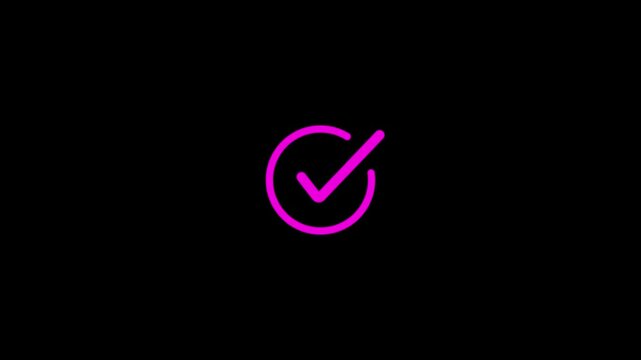 Pink checkmark icon animates from a circle on a black background