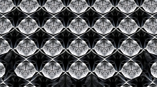 Intricate geometric pattern with frosty crystal leaf motifs in dramatic monochrome lighting
