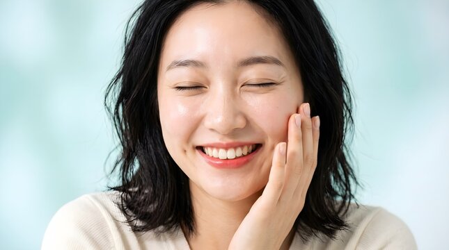 Young asian woman smiling with hand on cheek expressing happiness and contentment