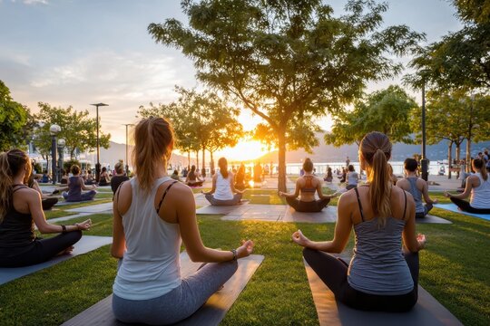 Large Group Yoga Class at Sunset by the Water