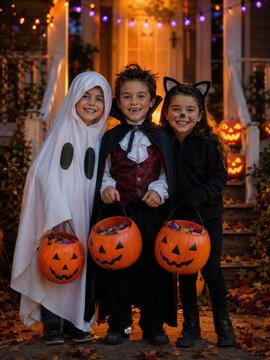 Drei fr&ouml;hliche Kinder in Geist-, Vampir- und Katzenkost&uuml;men stehen beim Trick-or-Treat vor einem herbstlich geschm&uuml;ckten Hauseingang mit K&uuml;rbislaternen und Lichterkette.