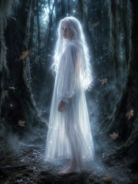 Geisterhaftes blondes M&auml;dchen in langem wei&szlig;en Kleid steht barfu&szlig; im nebligen Wald. Mystische Halloween-Szene mit leuchtender Silhouette und m&auml;rchenhaft schauriger Stimmung.