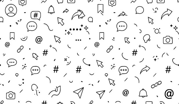 Social Media and Communication Line Art Seamless Pattern - Minimalist Digital Networking Background 