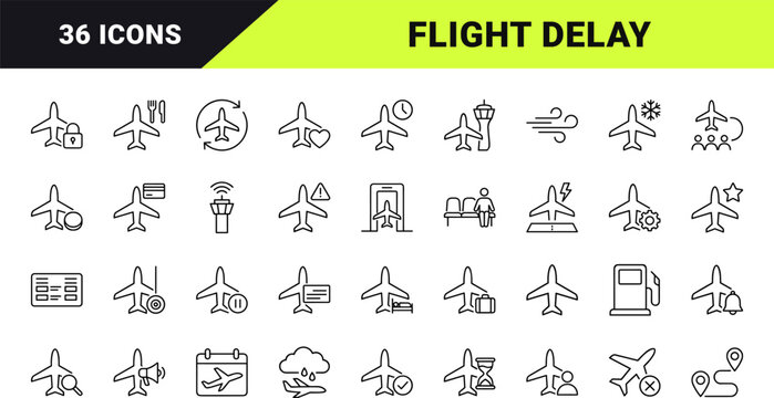 Airplane Flight Delay Web Icon Set in Linear Style. Collection of Flight Rescheduling line icons, including departure, schedule, cancellation, airport, lounge, transit.