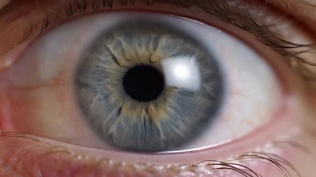 Macro eye opening with centered pupil, blue gray iris, golden radial streaks, bright corneal highlight and fine eyelashes in neutral clinical view, with eye, iris, pupil, cornea detail