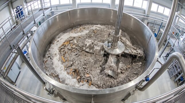 Recycled paper and cardboard pulp mixing in a large industrial factory vat