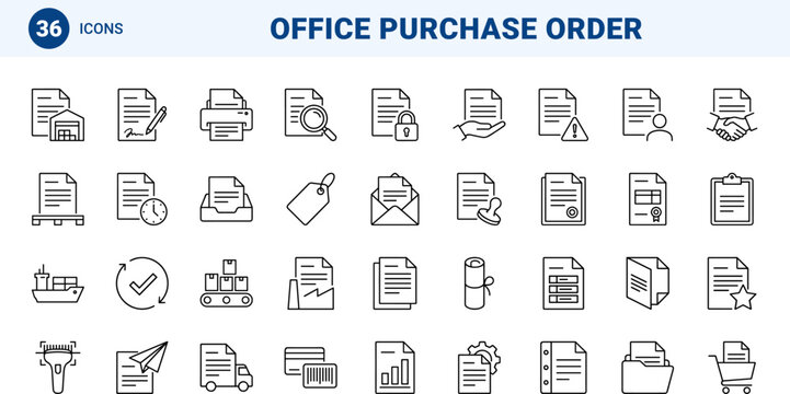 Purchase Order Procurement Web Icon Set in Linear Style. Collection of Supply Sourcing line icons, including requisition, sourcing, approval, logistics, shipping, inventory.