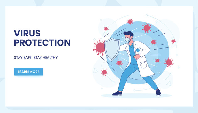 Brave male doctor holding a medical shield to protect patients from attacking red virus molecules dynamically.