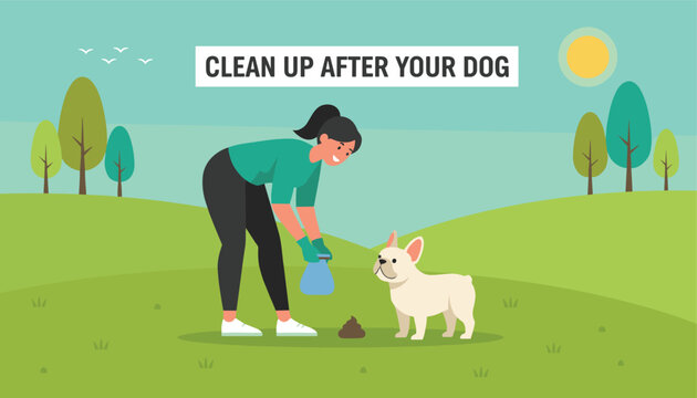 Responsible woman bends down to clean up after her dog in a green park with a blue bag, encouraging pet hygiene and clean public spaces.