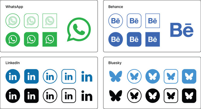 Social media identity icons set featuring whatsapp behance linkedin and bluesky logos