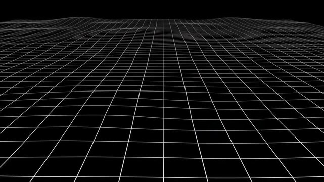 White grid mesh bending into smooth ridge over black plane, viewed from low wide angle with crisp monochrome contrast, geometric depth, clean spacing and subtle luminous highlights