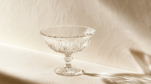 A bright minimalist composition featuring a crystal trifle dish on smooth cream-colored plaster creating elegant commercial dessert styling