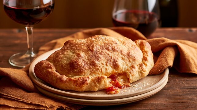 Rustic dinner table setting featuring a calzone on a plate with a glass of red wine and a brown cloth napkin, creating a warm dining atmosphere