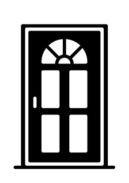 Tilted paneled house door vector illustration with half-circle window
