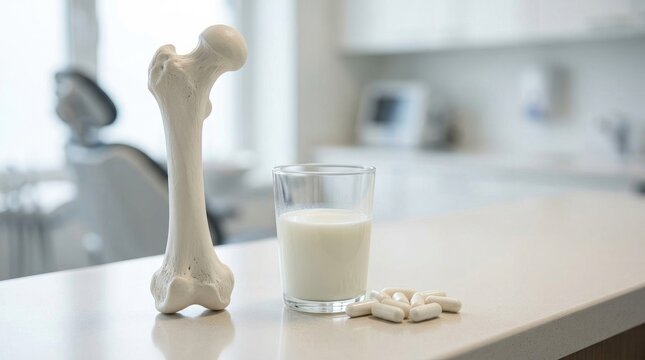 Bone health concept with anatomical model, glass of milk, and calcium supplements