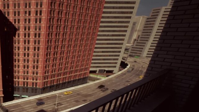 A person is standing on a balcony looking at a busy city street. The city has tall buildings on either side. Cars travel along the road below. It appears to be daytime.