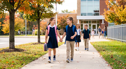 Fototapeta premium Children walking hand in hand on school sidewalk during autumn season