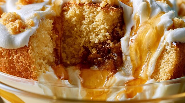 A macro close up highlighting airy sponge cake soaked with syrup inside a creamy trifle dish revealing exceptional dessert detail