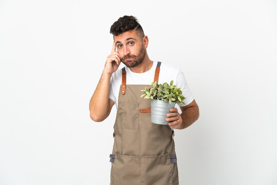 Gardener man holding a plant over isolated white background thinking an idea