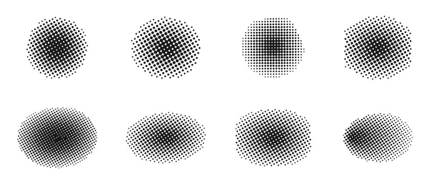 Set of abstract halftone circular and oval shapes, vector design elements with gradient dot patterns