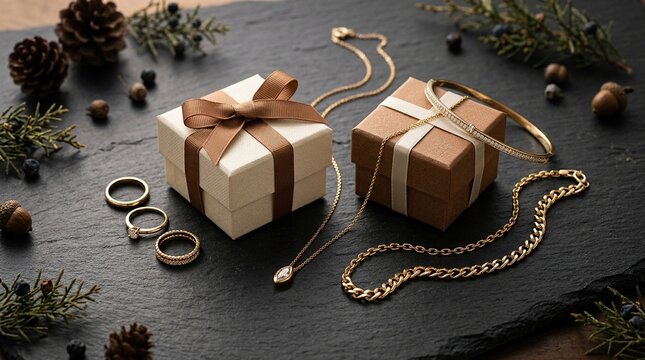 Elegant gold jewelry set with gift boxes on dark slate stone background decorated with pine cones makes festive holiday present setup for winter celebrations.