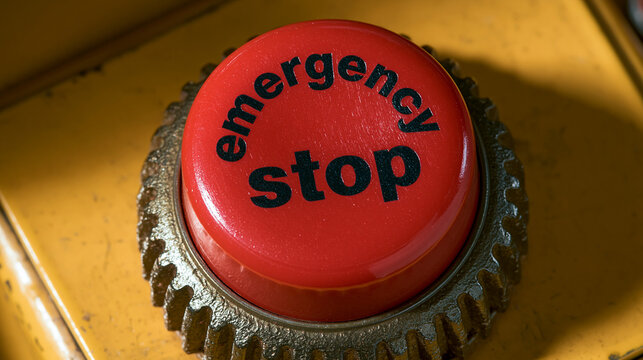 A close-up shot of a red industrial emergency stop button on a yellow metal housing. Vital safety equipment concept for manufacturing and factory hazard prevention.