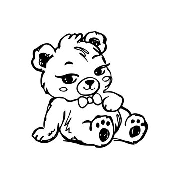 Cute Teddy Bear Black and White Character Illustration, Cartoon Bear Line Art for Stickers, Kids Design and Nursery Graphics
