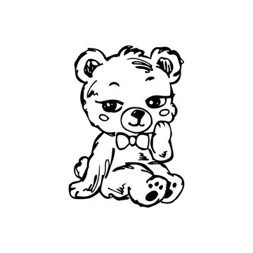 Cute Teddy Bear Black and White Character Illustration, Cartoon Bear Line Art for Stickers, Kids Design and Nursery Graphics