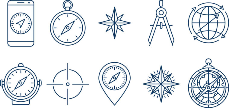 Minimalist Navigation Line Icon Set with Compass Wind Rose Smartphone Map Pin and Globe Symbols for Travel Designs