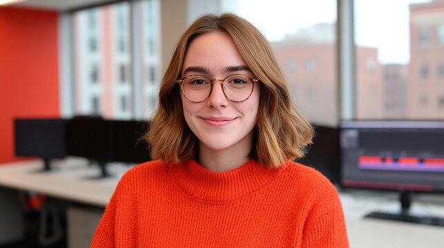 A young woman with glasses and a bright orange sweater smiles confidently in a modern office workspace with computer monitors in the background.