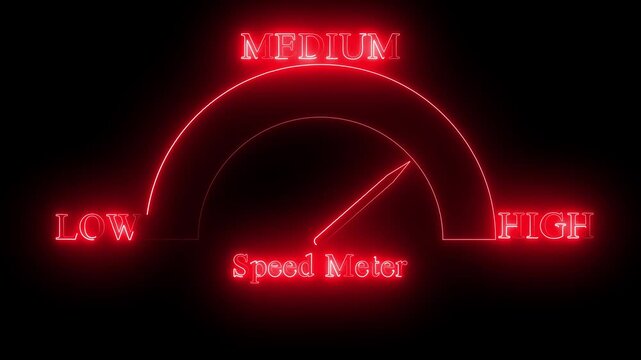 Glowing red neon speed meter gauge animation with needle indicator on black background, futuristic performance level dashboard status UI UX motion graphic video effect.