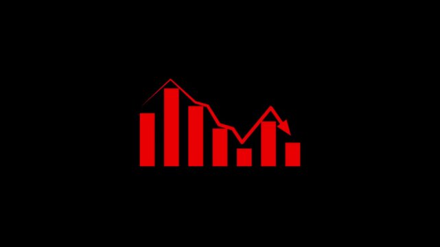 Animated red bar chart with downward arrow line on black background, financial business loss decline graph diagram indicator, stock market crash UI UX motion graphic video design element.