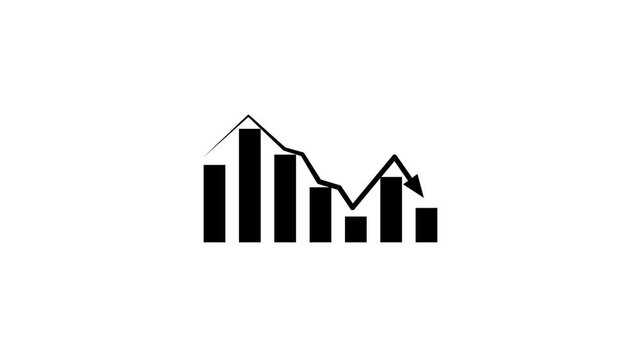 Animated black bar chart with downward arrow line on white background, financial business loss decline graph diagram indicator, stock market crash UI UX motion graphic video design element.