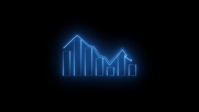 Glowing blue neon bar chart with downward arrow line on black background, futuristic business loss decline graph diagram indicator, stock market crash UI UX motion graphic video effect.